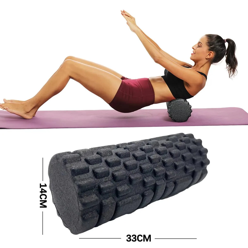 Foam roller in uso sotto la schiena, dimensioni 33 × 14 cm